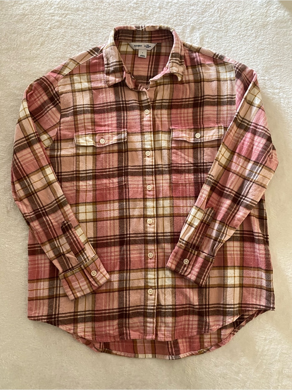 Old Navy The Boyfriend Shirt Womens Small Pink Brown Plaid Flannel Button Down